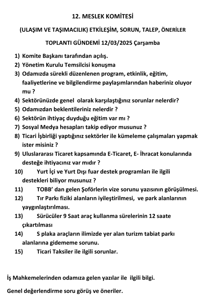 12 meslek komitesi gundem 1