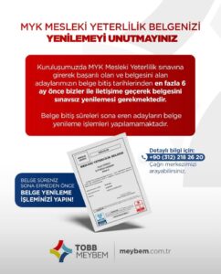 ð¢ MYK Mesleki Yeterlilik Belgenizi Yenilemeyi Unutmayın!
